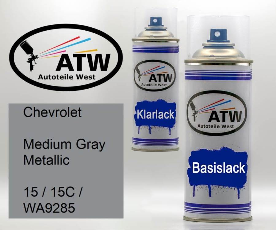Chevrolet, Medium Gray Metallic, 15 / 15C / WA9285: 400ml Sprühdose + 400ml Klarlack - Set, von ATW Autoteile West.